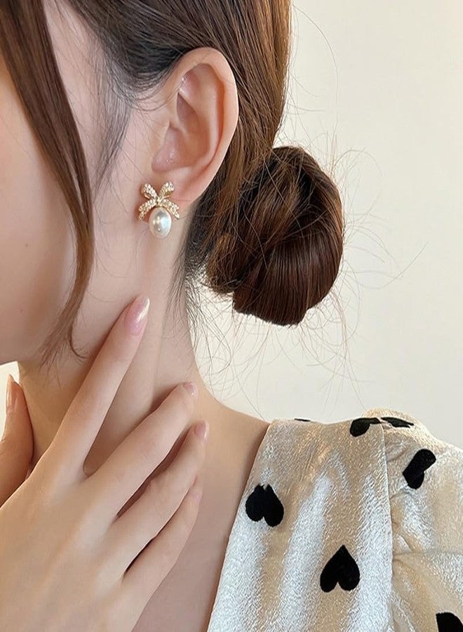 PLwelth Gold Bow Pearl Earrings for Women Sparkle Rhinestone Bow Stud Earrings Cute Bowknot Statement Wedding Earring Hypoallergenic Jewelry Gifts for Her Valentine’s Day Christmas Birthday - Image 3
